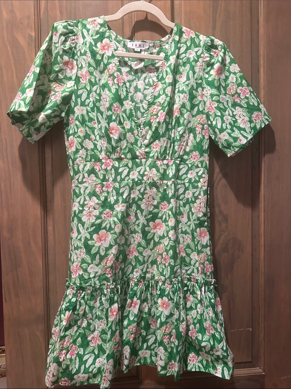 THML Green Floral Short Sleeve Tiered Dress with Pink & White Blossoms